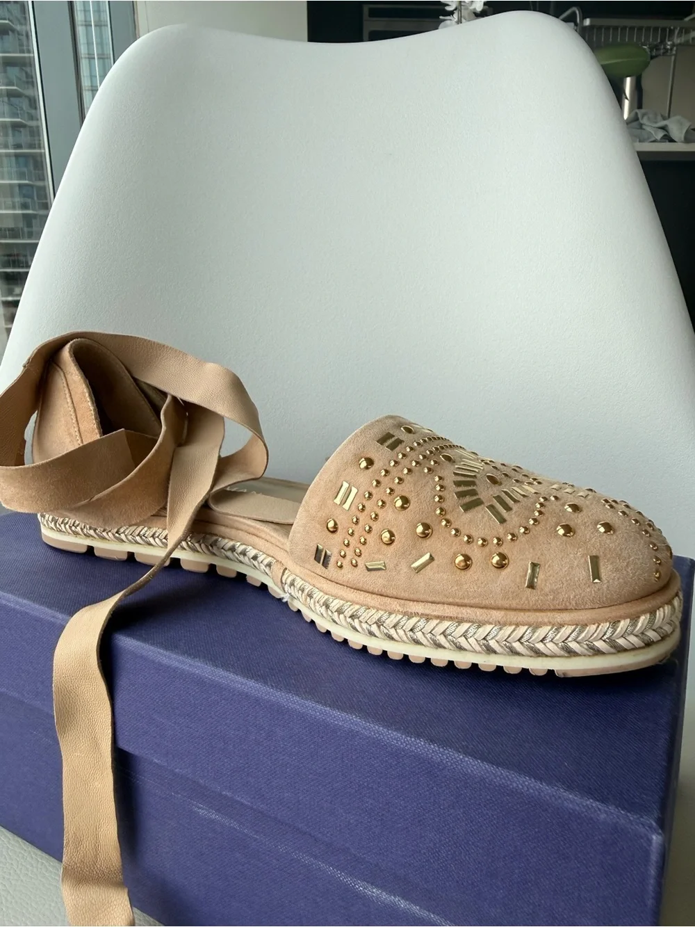 Stuart Weitzman Taupe Suede Studded Espadrille Flats with Ankle Ties